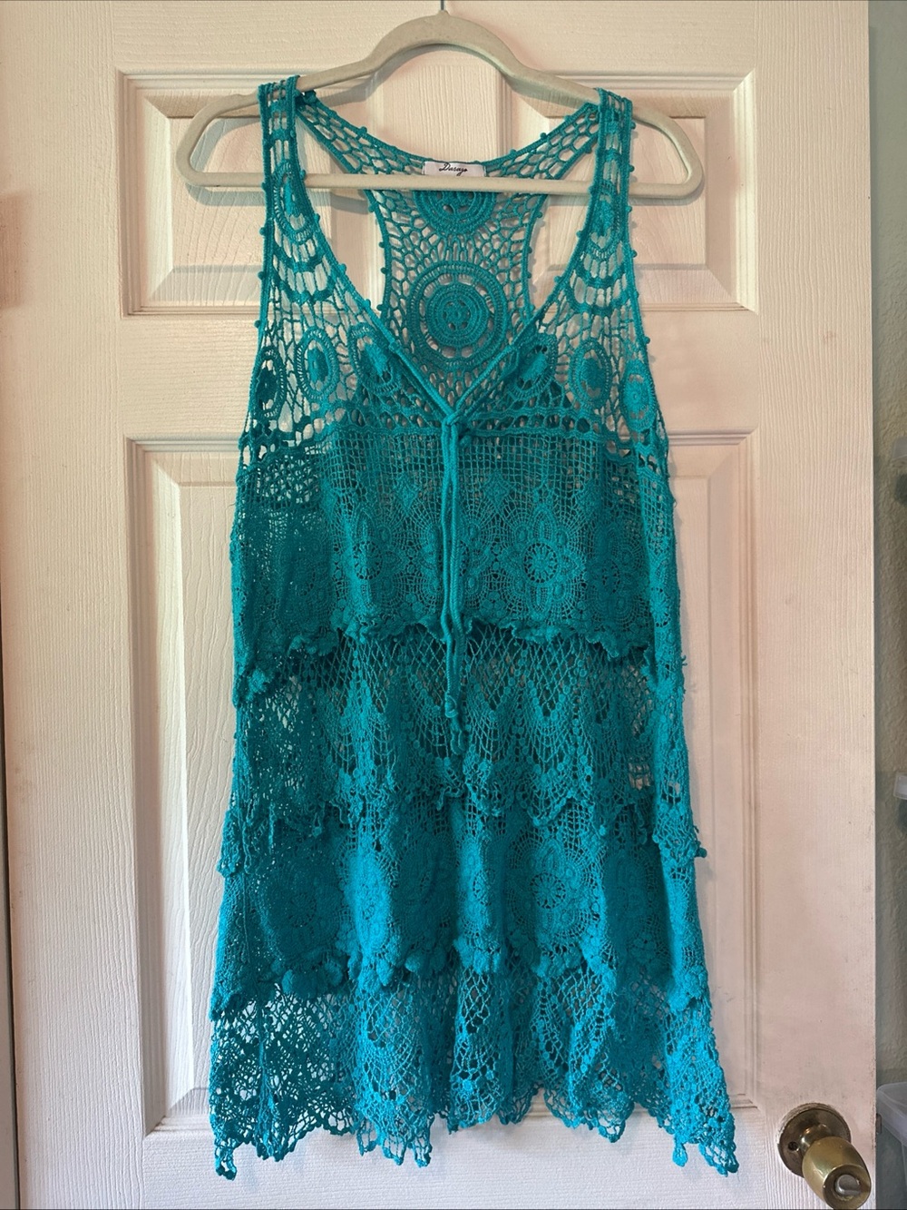 Teal Crochet Lace Tank Dress or cover up beachwear size S/M